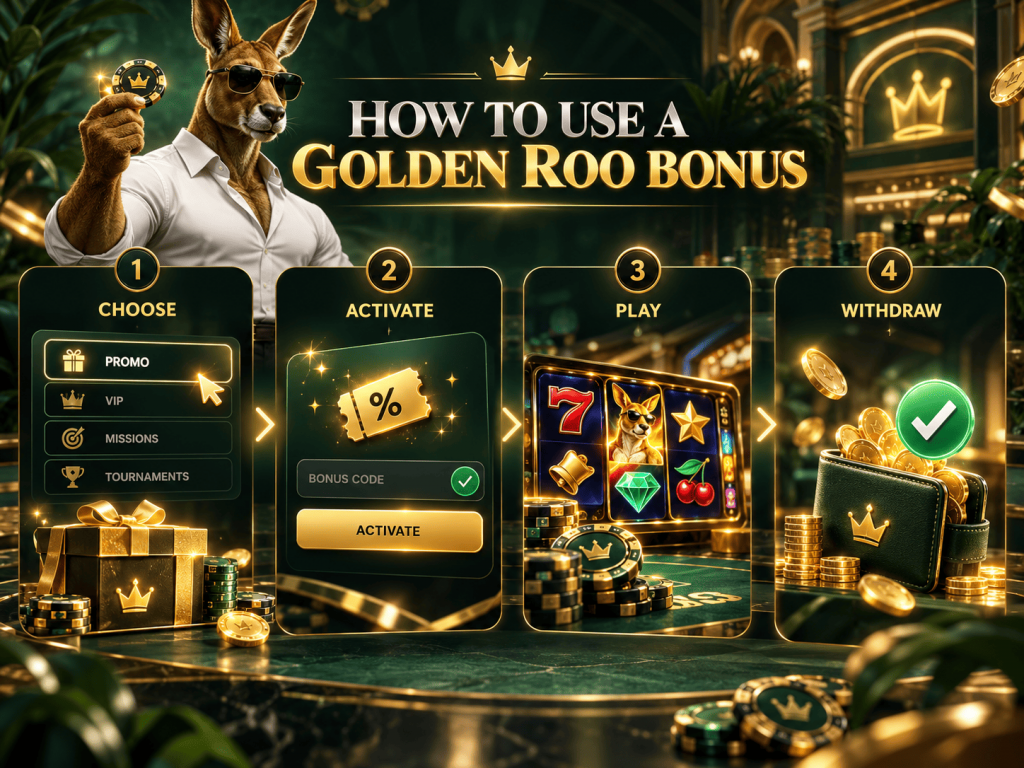 GoldenRoo casino bonus guide showing how to choose, activate, play and withdraw