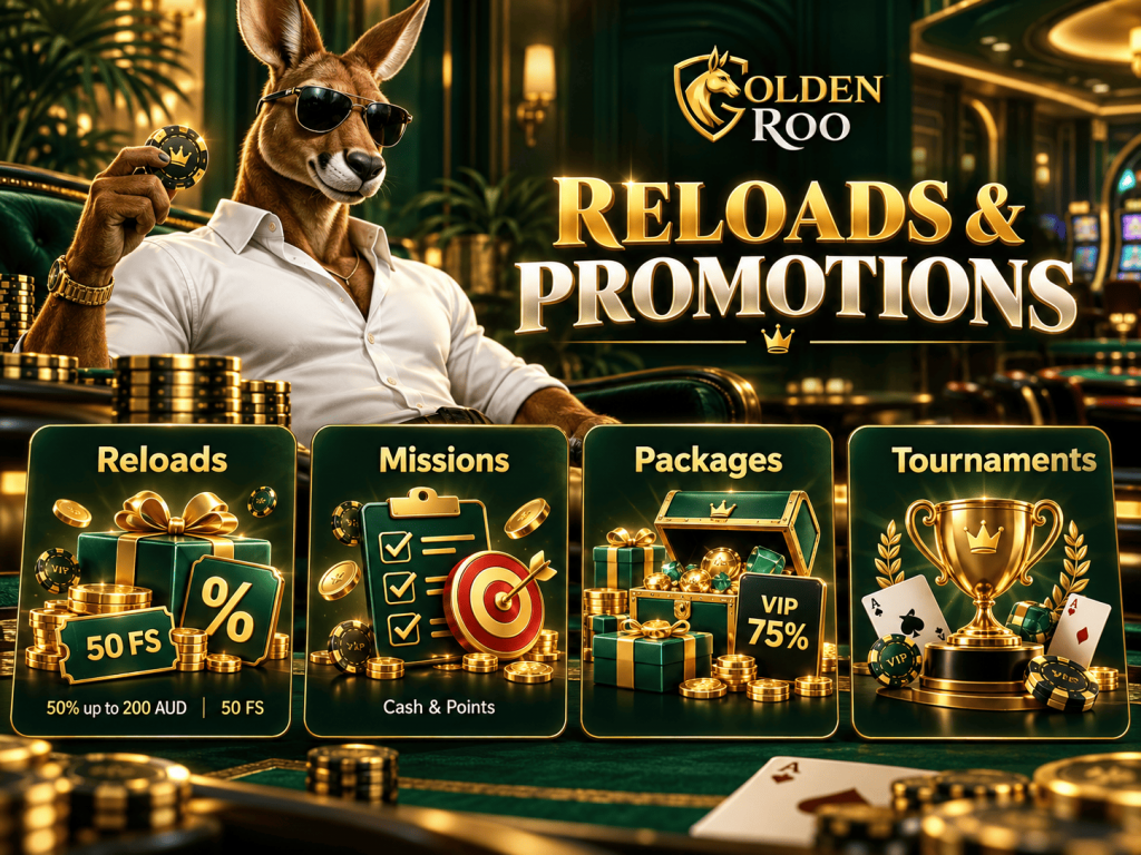 GoldenRoo reload bonuses, missions, reward packages and casino tournaments